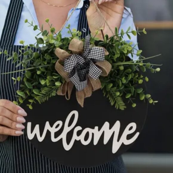 Welcome Sign Rustic Farmhouse Front Door Wreath Buffalo Plaid Check Black White - Picture 4 of 10